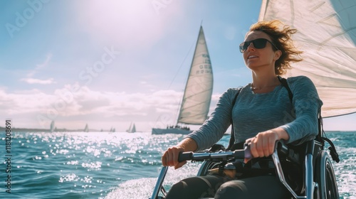 Woman with muscular dystrophy in a wheelchair steering her boat in a regatta sails catching the breeze