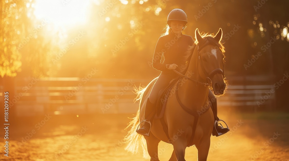 Gordijnen Paardrijden Young woman with cognitive disability riding a horse in an adaptive equestrian event reins held with confidence #1181209285