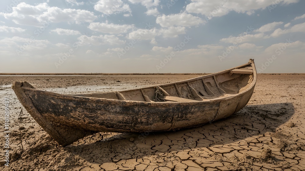 A traditional Marsh Arab canoe known as a Mashoof abandoned on the dry earth of the southern marshes of Iraq during a harsh summer drought caused by climate change and political instab.