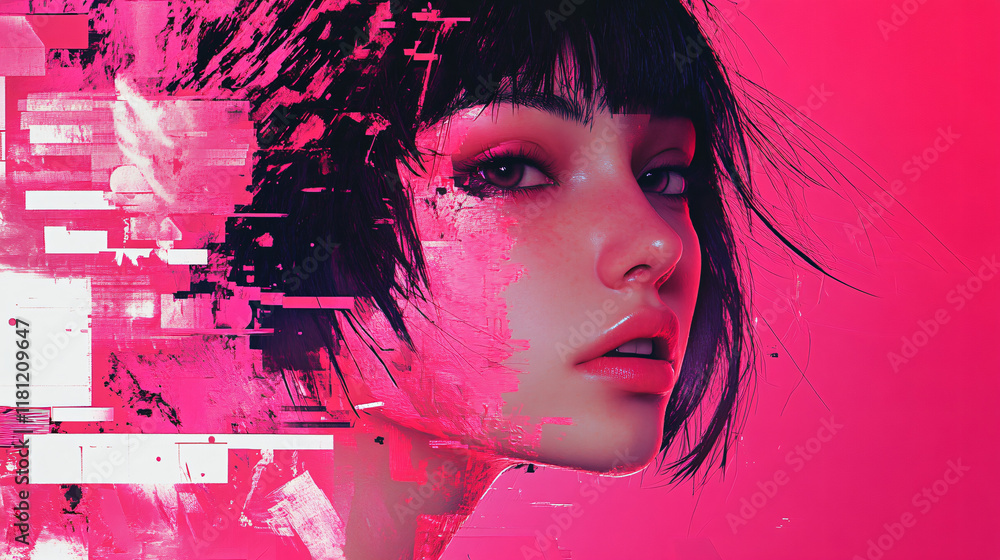 Fototapeta premium A hot pink digital glitch effect, giving a futuristic and edgy vibe with pixelated distortions and vibrant color splashes.