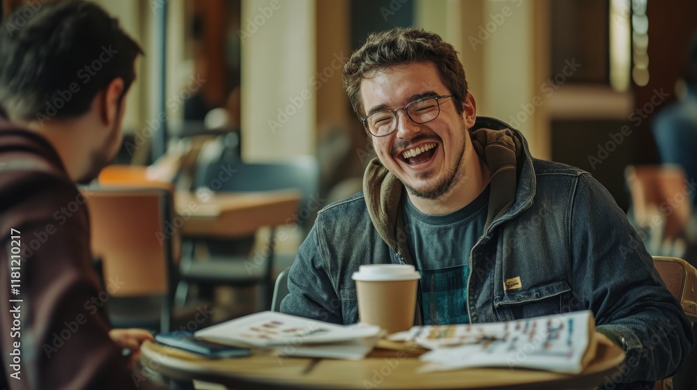 A man with blindness and his friend sharing tactile notes in a cafeteria with Braille materials and books on the table A man with blindness and his friend sharing tactile notes in a cafeteria with Braille materials and books on the table