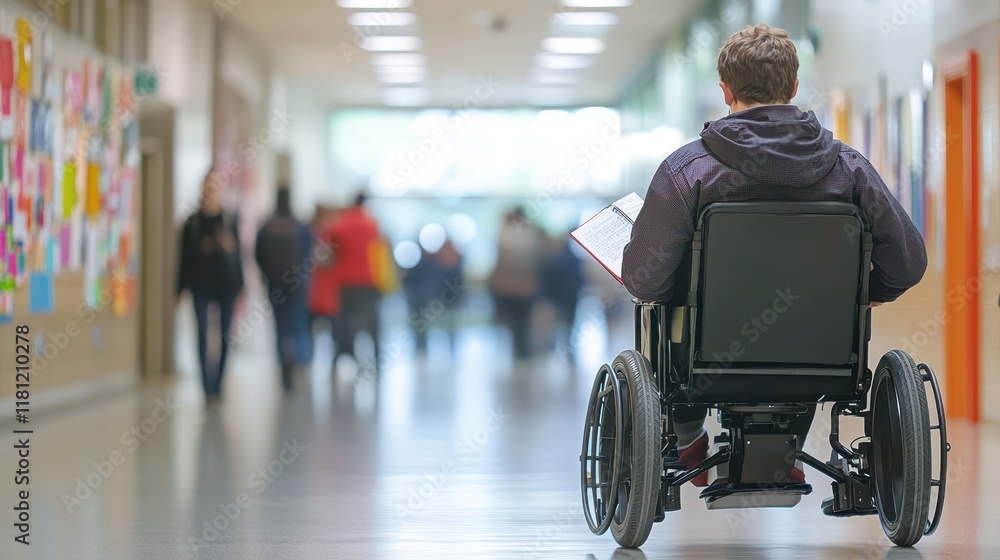 A man in a powered wheelchair moving through a busy hallway holding a notebook passing by students and colorful bulletin boards A man in a powered wheelchair moving through a busy hallway holding a notebook passing by students and colorful bulletin boards