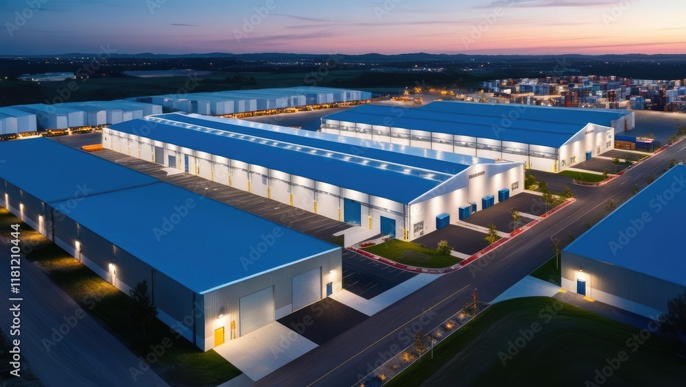 Obraz premium Aerial View of a Contemporary Industrial Warehouse Complex at Dusk with Shipping and Illuminated Environments