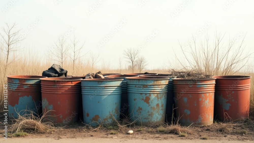 A transparent background features a collection of old, used metal buckets for water, rubbish, and weeds in a rural setting. The countryside A transparent background features a collection of old, used metal buckets for water, rubbish, and weeds in a rural setting. The countryside