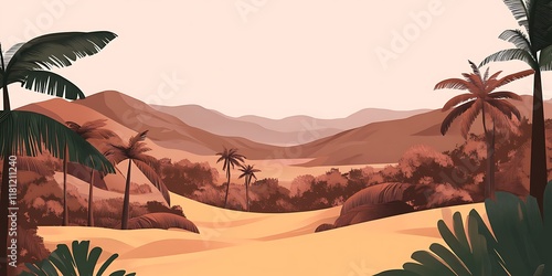Oasis sunset landscape, desert hills, palm trees, background design.