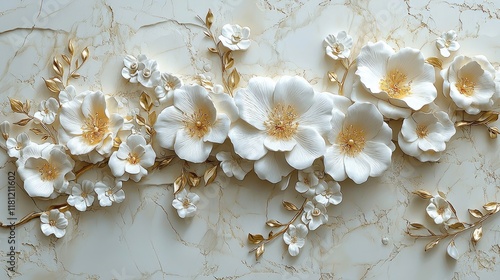 Luxury White Flowers with Gold Accents: Elegant 3D Floral Design for Home Decor and Interior Design