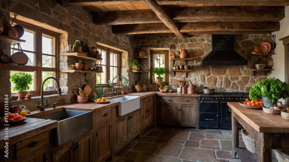 Fototapeta premium cozy rustic kitchen with wooden beams