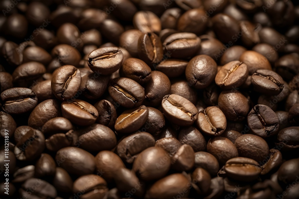 Fototapeta premium A close-up view of numerous roasted coffee beans.