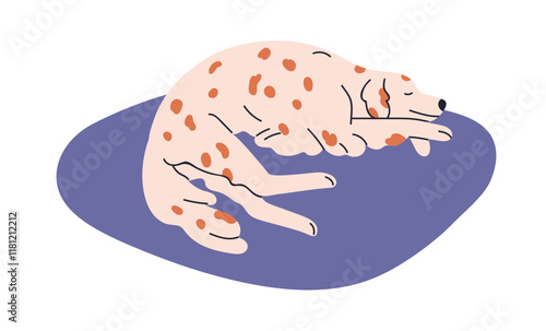 Cute dog sleeping on mat. Canine animal resting, relaxing on pet bed at home. Calm peaceful doggy, puppy of English Setter breed, lying asleep. Flat vector illustration isolated on white background