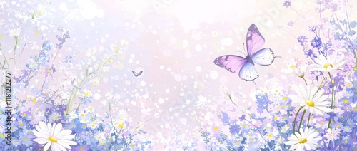 Beautiful wild flowers chamomile, purple wild peas, and a butterfly in the morning haze of nature captured in close-up macro. The landscape is wide format with extra space for copying, showcasing