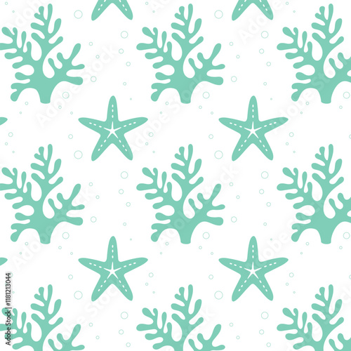 Pattern with turquoise azure corals and starfish, sea ocean bottom, marine fauna, World Ocean Day.