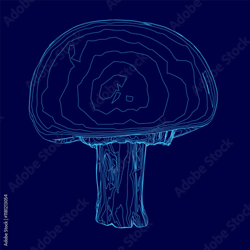 Blue mushroom with a stem is shown in a blue background. The mushroom is drawn in a stylized way, with a focus on its shape and form. The blue background adds a sense of depth