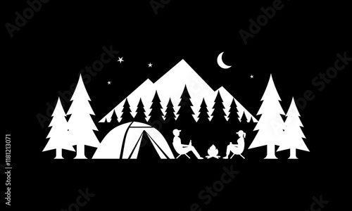 Illustration of a man and woman camping at night