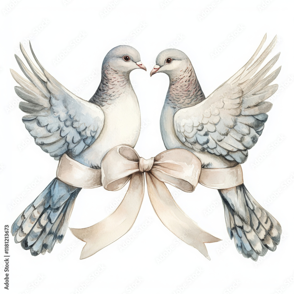 Obraz premium Two elegant doves with ribbon, symbolizing love and unity