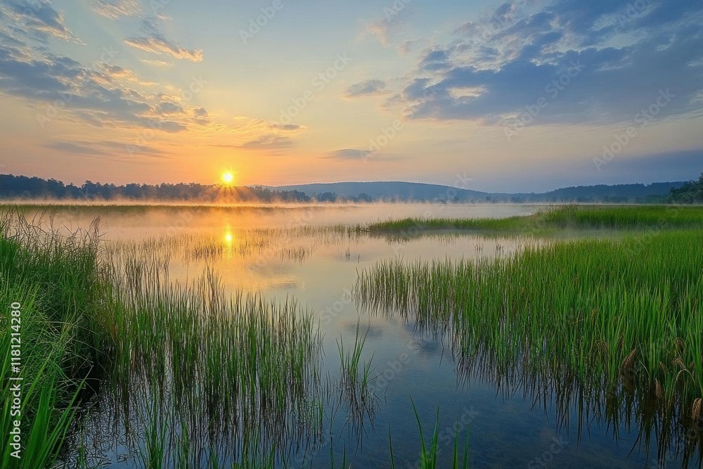 Tranquil sunrise over a misty lake with lush green reeds. Tranquil sunrise over a misty lake with lush green reeds.