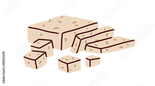 Tofu, soy cheese block, cut pieces. Soya curd cubes, healthy plant-based protein. Vegan and vegetarian diet snack. Asian Chinese food ingredient. Flat vector illustration isolated on white background