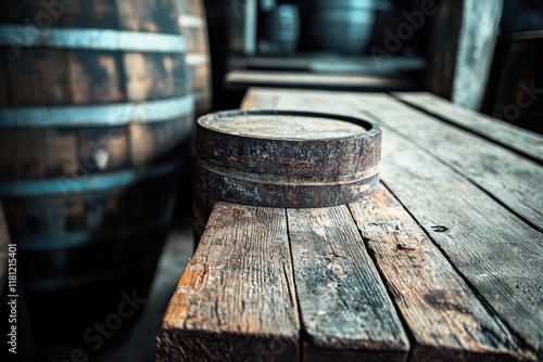 Rustic wooden barrel lid on table, cellar background, product display photo