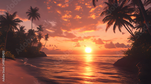Golden Horizon: A Tranquil Tropical Sunset with Swaying Palms and Whispering Waves