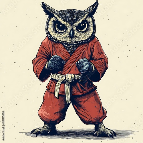 Cartoon owl in martial arts attire, ready to fight. photo