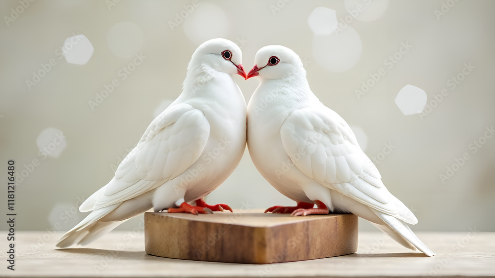 Two beautiful white doves nuzzling closely together on a rustic wooden surface, symbolizing love and peace.