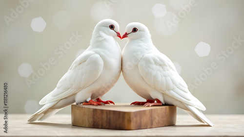 Obraz na płótnie Two beautiful white doves nuzzling closely together on a rustic wooden surface, symbolizing love and peace. w salonie