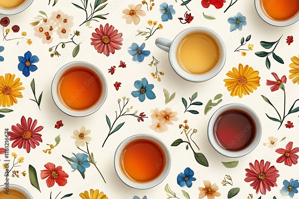 Seamless Pattern of Decorative Tea Cups with Floral Design Seamless Pattern of Decorative Tea Cups with Floral Design