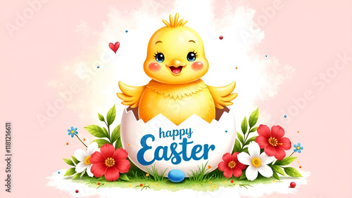 A Cute Easter Chick Emerging from Its Egg Surrounded by Beautiful Flowers and Colors. Happy Easter.
