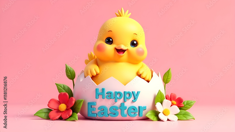 A Cute Easter Chick Emerging from Its Egg Surrounded by Beautiful Flowers and Colors. Happy Easter.