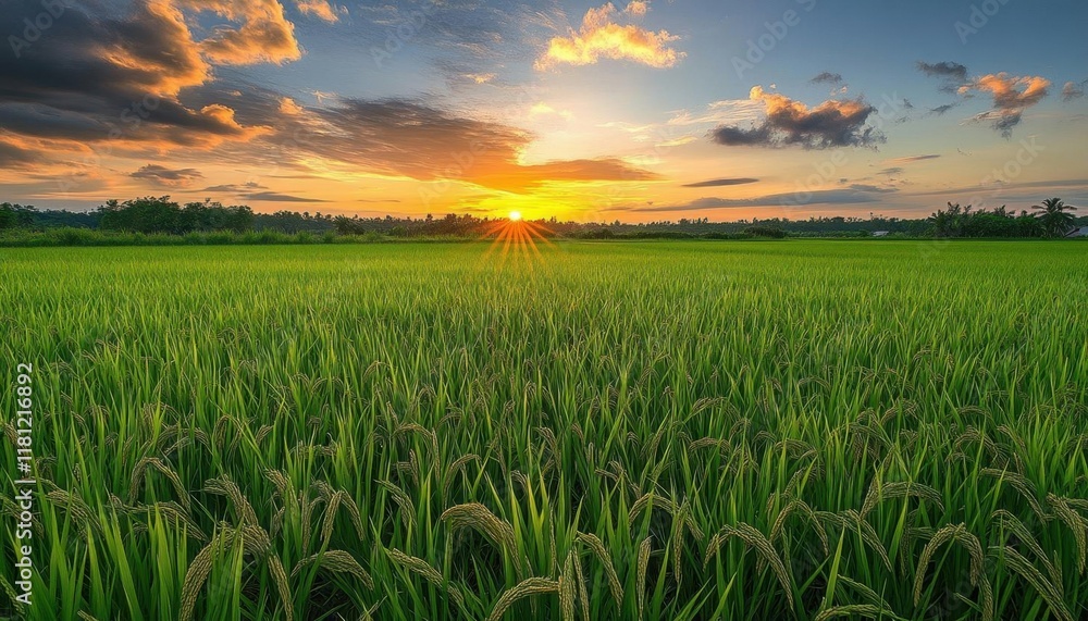 A vibrant sunset over lush green rice fields. A vibrant sunset over lush green rice fields.