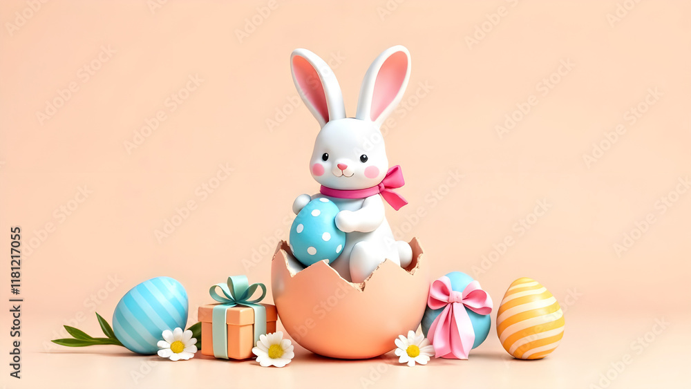 An adorable Easter bunny joyfully surrounded by beautifully decorated eggs and delightful gifts for everyone