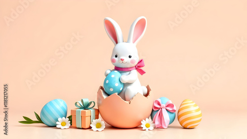 Obraz na płótnie An adorable Easter bunny joyfully surrounded by beautifully decorated eggs and delightful gifts for everyone w salonie