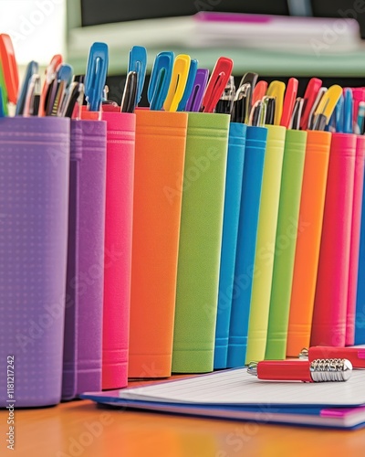 Colorful containers filled with pens and stationery on a desk.