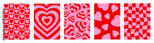 Creative romantic set vertical backgrounds in style retro. Happy Valentines day greeting card. Vector illustration. Pink and red colors	