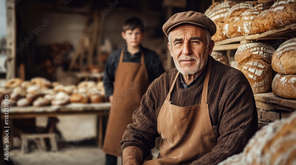 Baking tradition portrait of elderly baker in rustic bakery Baking tradition portrait of elderly baker in rustic bakery