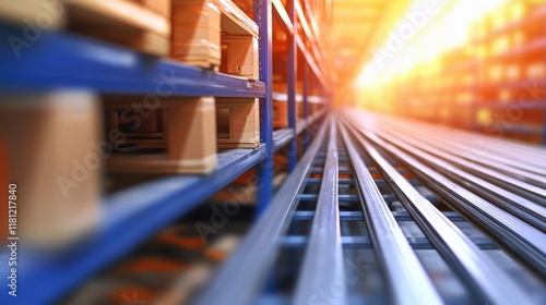 Pallets and shelves in an industrial warehouse setting longshot photo