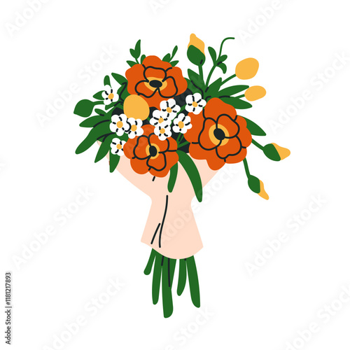 Flower bunch wrapped in paper. Floral gift, bouquet in wrapping. Garden and f...