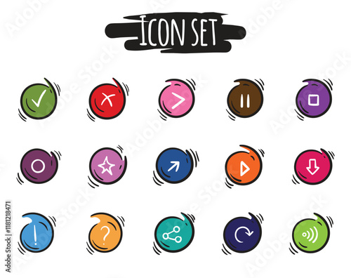 Bright vector set of round colored buttons with symbols, arrows, signs and shapes. Simple hand drawn icons for website, banner, app design