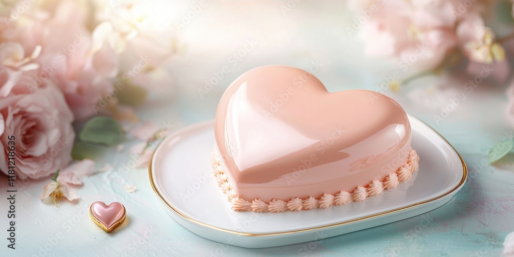 Pink heart-shaped cake concept for Valentine's Day. Heart-shaped dessert on a decorative plate with floral backdrop Pink heart-shaped cake concept for Valentine's Day. Heart-shaped dessert on a decorative plate with floral backdrop