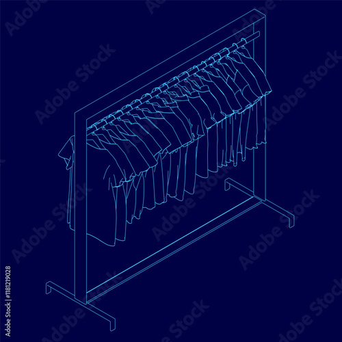 Blue image of a clothes rack with clothes hanging on it. The clothes are all different colors and styles, and the rack is tall and narrow. Concept of organization and order