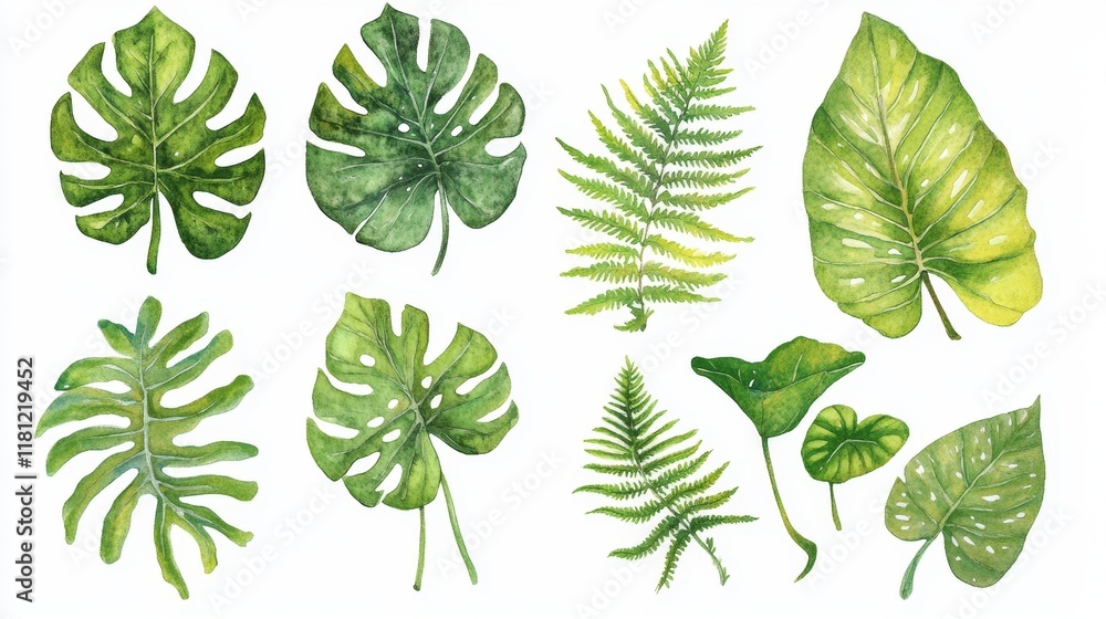 Tropical Green Leaves Collection with Various Shapes and Textures Tropical Green Leaves Collection with Various Shapes and Textures