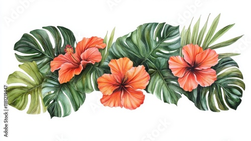 Wallpaper Mural Vibrant Hibiscus Flowers with Green Tropical Leaves Arrangement Torontodigital.ca