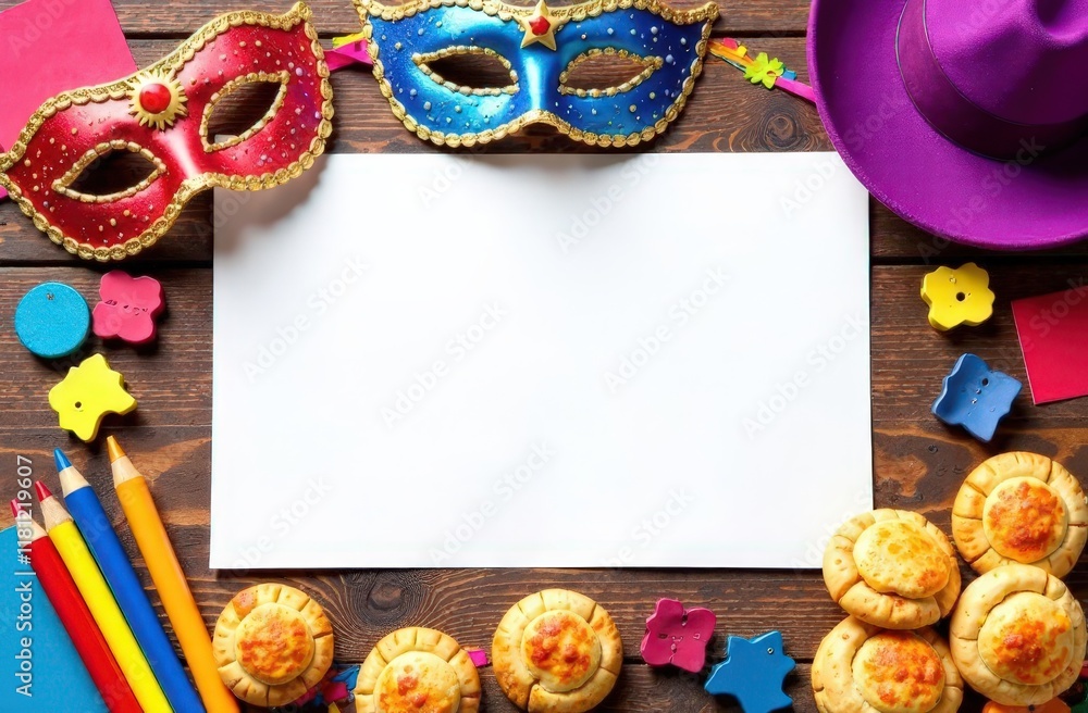 Fototapeta premium A Purim-themed DIY craft table setup with colorful materials, masks, and hamantaschen cookies