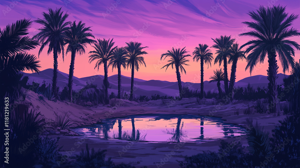 Obraz premium 砂漠のオアシスと夕暮れの美しい風景イラスト