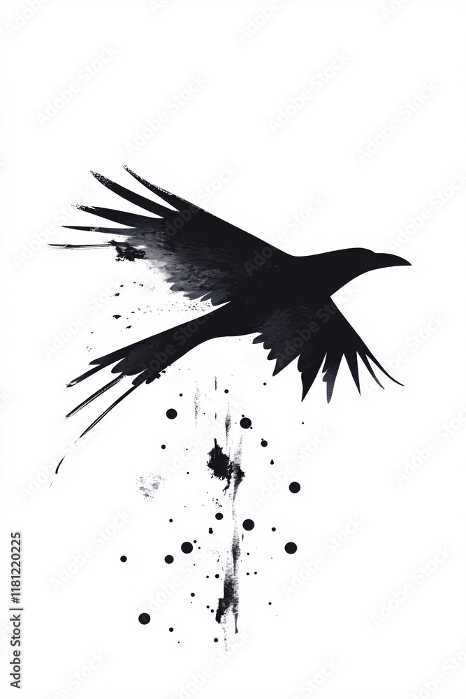 Fototapeta premium Abstract Black Crow in Flight Ink Splatter Artistic Design
