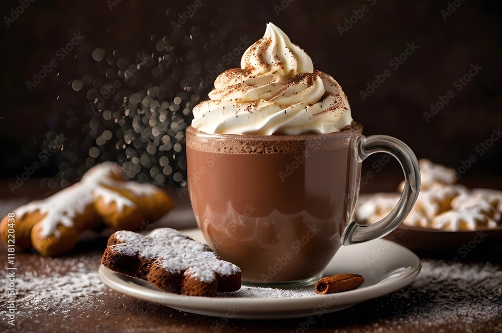 hot chocolate topped with whipped cream and dusted with cocoa powder and gingerbread cookies hot chocolate topped with whipped cream and dusted with cocoa powder and gingerbread cookies