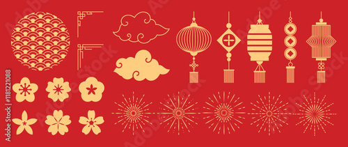 Happy Chinese and Japanese New Year 2025 element vector set. Chinese Lanterns, firework, cloud, coin, cherry blossom flower, corner. Oriental Icons of Asian Lunar New Year holiday decoration vector.