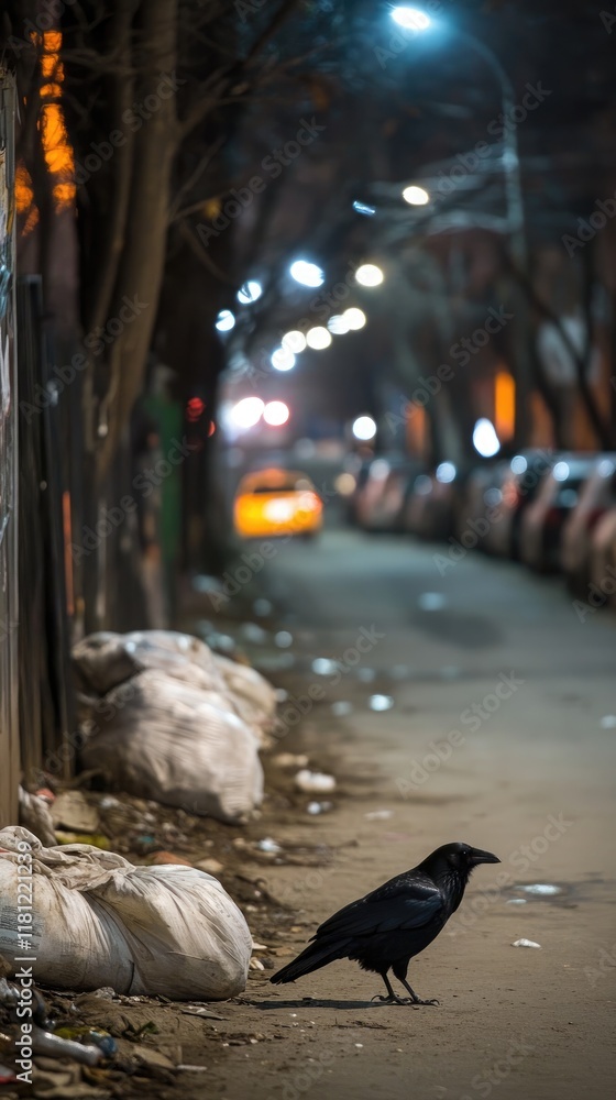 Fototapeta premium A crow stands on a littered street at night, illuminated by streetlights.
