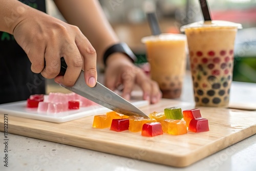 hand slicing colorful jelly to prepare topping for milktea photo