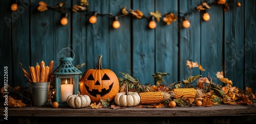 Thanksgiving - A Rustic Table Overdecorated with Pumpkins, Candles, and String Lights photo