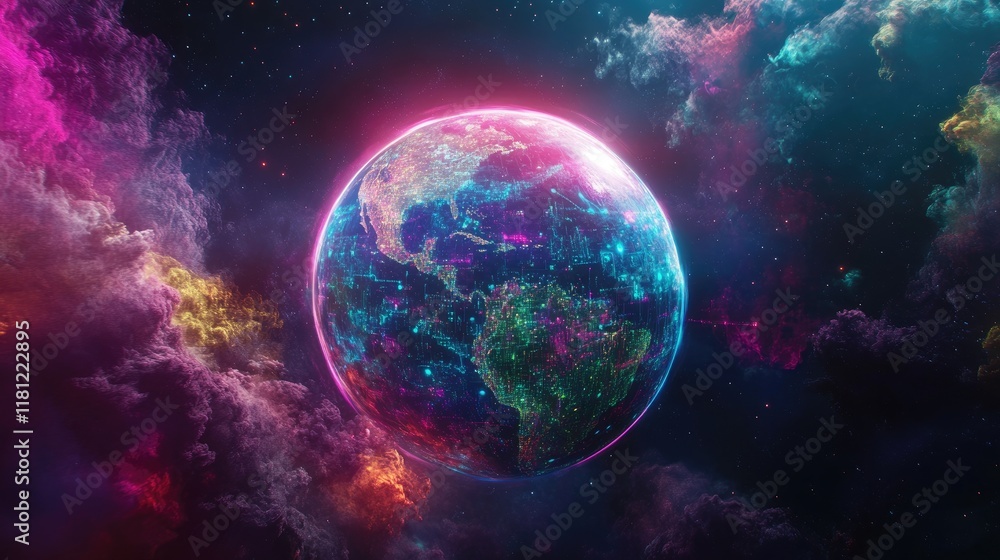 Abstract holographic Earth with glowing data lines orbiting, symbolizing global connectivity. Copy space. Abstract holographic Earth with glowing data lines orbiting, symbolizing global connectivity. Copy space.